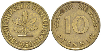 ФРГ 10 ПФЕННИГОВ 1950 J KM 108, J. 383 сталь плакированная латунью 4182-744