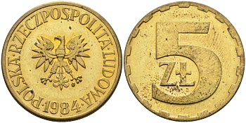 Польша 5 злотых 1984 MW KM 81.1, Parchimowicz 221i латунь aUNC 4551-1014