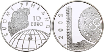 Финляндия 10 евро 2002 50 лет Олимпиаде 1952 года в Хельсинки KM 107 серебро PROOF 1084-9-24