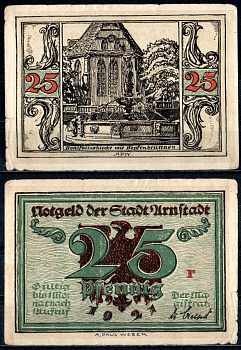 Арнштадт (Тюрингия) 25 пфеннигов 1921 Mehl Grabowski 43.2-2/6 бумага 7556-30-4-1