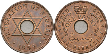 Нигерия 1 пенни 1959 Елизавета II (1952-), Британский протекторат KM 2 бронза UNC 4593-741