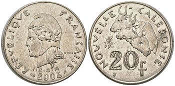 Французская Новая Каледония 20 франков 2004 три быка, (IEOM) KM 12, Schoen 14, Lec 15h никель 4131-713