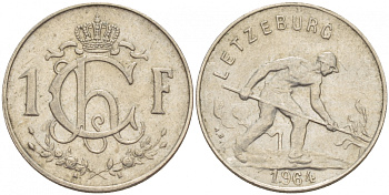 ЛЮКСЕМБУРГ 1 ФРАНК 1964 СТАЛЕВАР KM 46.2 медно-никель 4548-1041