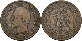Франция 10 сантимов 1854 W - Лилль, Наполеон III (1852 - 1870) KM 771 бронза 4168-535