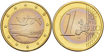 Финляндия 1 евро 2002 M, два лебедя в полете KM 104 биметалл UNC M57-13