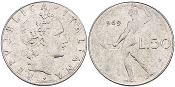ИТАЛИЯ 50 ЛИР 1969 R, БОГ ОГНЯ ВУЛКАН У НАКОВАЛЬНИ KM 95.1 нержавеющая сталь 4551-352