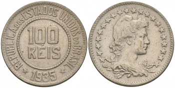 БРАЗИЛИЯ 100 РЕЙС 1935 ГОЛОВА СВОБОДЫ ВПРАВО KM 518 медно-никель 68-724