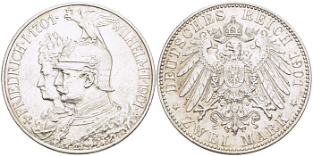 Пруссия 2 марки 1901 A, 200 лет Прусской королевской династии (Фридрих I - Вильгельм II) J.105, Weege 105, KM 525 серебро 1520-445