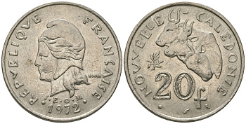 Французская Новая Каледония 20 франков 1972 три быка, (IEOM) KM 12, Schoen 14, Lec 106 никель 4680-411