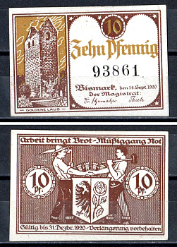 Бисмарк (Пруссия, Саксония) 10 пфеннигов 1920 Mehl Grabowski B56.2b картон UNC (пресс) 7556-50-2-2