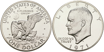 США 1 доллар 1971 S, Президент Эйзенхауэр, лунный орел KM 203a серебро  PROOF 1095-7-31