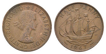 Великобритания 1/2 пенни 1967 Елизавета II (1952-2022) KM 896, Spink 4158 бронза 4663-133