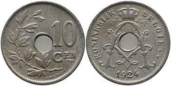 БЕЛЬГИЯ 10 САНТИМОВ 1924 BELGIE KM 86 медно-никель 4179-734