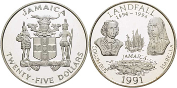 Ямайка 25 долларов 1991 500 лет открытию Ямайки Колумбом, портреты Колумба и королевы Изабеллы, парусники KM 150 серебро  PROOF  1080-8-52