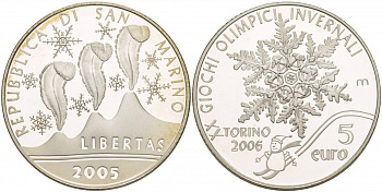 Сан-Марино 5 евро 2005 Зимние Олимпийские игры 2006 в Турине, снежинка KM 511 серебро PROOF 1087-7-45