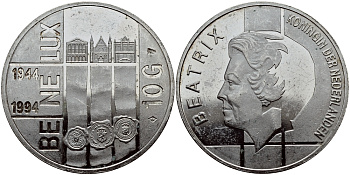 Нидерланды 10 гульденов 1994 50 лет Бе-Ни-Люкс, три здания парламентов KM 216 серебро 1524-943