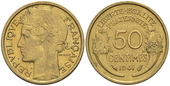 ФРАНЦИЯ 50 САНТИМОВ 1941 ТИП MORLON KM 894.1, LE FRANC 192.18 алюминиевая бронза 44-434