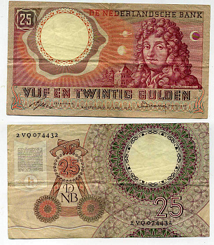 Нидерланды 25 гульденов 1955 Христиан Гюйгенс Pick 87 бумага 451-122-2