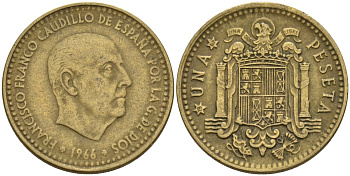 Испания 1 песета 1966 (67) Франсиско Франко (1939 - 1975) KM 796 алюминиевая бронза 4155-343