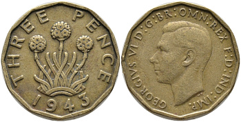 Великобритания 3 пенса 1943 Георг VI (1936-1952) KM 849, Spink 4112 никель латунь 65-941