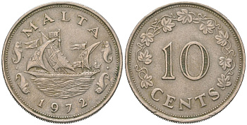 Мальта 10 центов 1972 баржа Великого магистра KM 11 медно-никель 183-1147