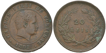 Португалия 20 реалов 1892 Карлуш I (1889-1908) KM 533 бронза 4512-1014