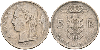 БЕЛЬГИЯ 5 ФРАНКОВ 1950 BELGIE KM 135.1 медно-никель 92-356