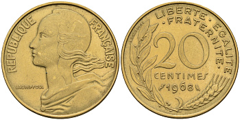 Франция 20 сантимов 1968 тип Marianne KM 930 медь алюминий никель    4595-1111