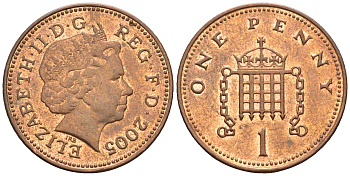 Великобритания 1 пенни 2005 Елизавета II (1952-2022) KM 986, Spink 4710 (B5) сталь плакированная медью 4609-622