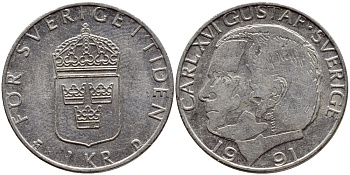 Швеция 1 крона 1991 Карл XVI Густав (1973- ) KM 852a медно-никель 4390-1112