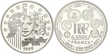 Франция 1 евро = 6,55957 франков 1999 страны Евросоюза, введение евро, курс франка к евро, в оригинальной коробке KM 1255 серебро  PROOF  3-4-11-17