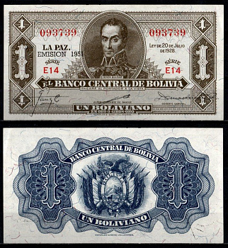 Боливия 1 боливиано 1928 (1951-1952) надпечатка EMISION 1951 Pick 128 b бумага UNC (пресс) 6280-14-2-2