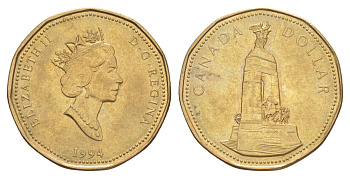 Канада 1 доллар 1994 Национальный военный мемориал KM 248 никель плакированный позолоченной бронзой 4631-811