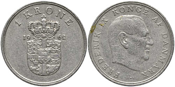 ДАНИЯ 1 КРОНА 1962 C;S, ФРЕДЕРИК IX (1947-1972) KM 851.1 медно-никель 113-853