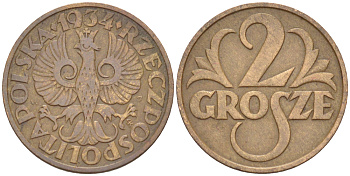 ПОЛЬША 2 ГРОША 1934 w KM 9a, Parchimowicz 102i бронза VF 4181-1158