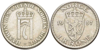 НОРВЕГИЯ 1 КРОНА 1957 ХОКОН VII (1905-1957) KM 397 медно-никель 4402-132
