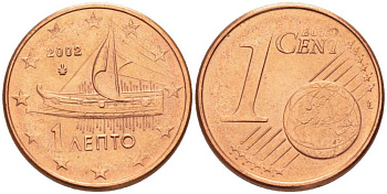 ГРЕЦИЯ 1 ЕВРОЦЕНТ 2002 KM 181 сталь плакированная медью UNC 214-334