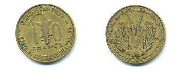 ЗАПАДНАЯ АФРИКА 10 ФРАНКОВ 1971 KM 1а алюминий никель бронза 86-1641