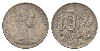 Австралия 10 центов 1982 Елизавета II (1952-2022), птица лирахвост KM 65 медно-никель 4364-1757