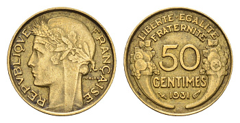 Франция 50 сантимов 1931 KM 894 алюминиевая бронза 4674-1046