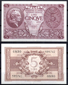 Италия 5 лир 1944 Pick 31 c бумага UNC (пресс) 8621-13-2-1