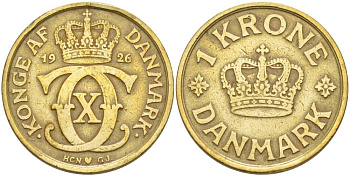 ДАНИЯ 1 КРОНА 1926 HCN; GJ, КРИСТИАН X (1912-1947) KM 824.1 алюминиевая бронза 186-1231
