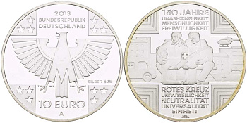 ФРГ 10 евро 2013 А, 150 ЛЕТ ОРГАНИЗАЦИИ КРАСНЫЙ КРЕСТ KM 320 серебро PROOF 1084-7-73