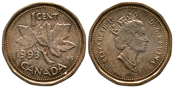 Канада 1 цент 1993 Елизавета II (1952-2022), кленовый лист KM 181 бронза 46-866
