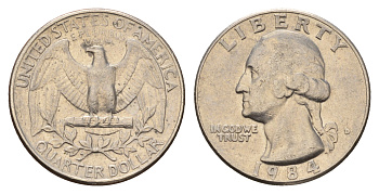 США 25 центов (квотер) 1984 D, Вашингтон KM А164а медь плакированная медно-никелем 4681-451