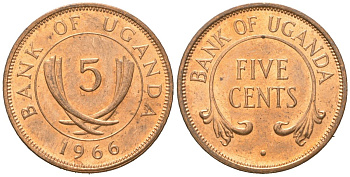 Уганда 5 центов 1966 KM 1 бронза aUNC 4609-1158
