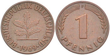 ФРГ 1 ПФЕННИГ 1969 F KM 105, J. 380 сталь плакированная медью 4181-549