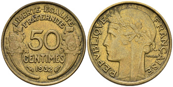 Франция 50 сантимов 1932 KM 894.1, Le Franc 192.15 алюминиевая бронза 4596-742