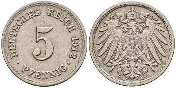 Германия 5 пфеннигов 1912 A KM 11, J. 12 медно-никель 4151-534