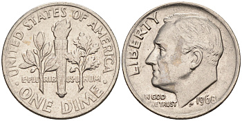 США 10 центов = дайм 1968 Рузвельт KM 195а медь плакированная медно-никелем    4115-352